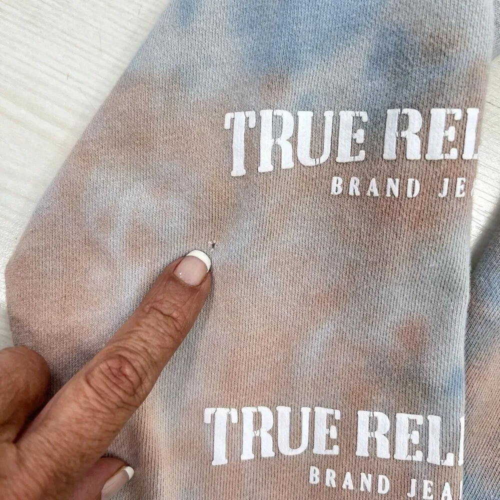 True Religion Hoodie Mens Small Tie Dye Blue Logo Spell Out Sleeves Pockets